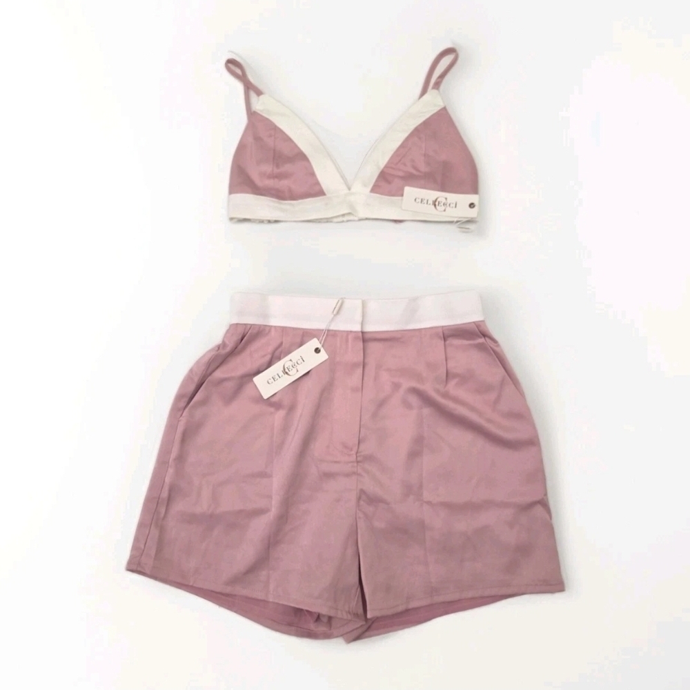 NWT Cellecci Pink and White Bralette and Shorts Set Size L New with Tags